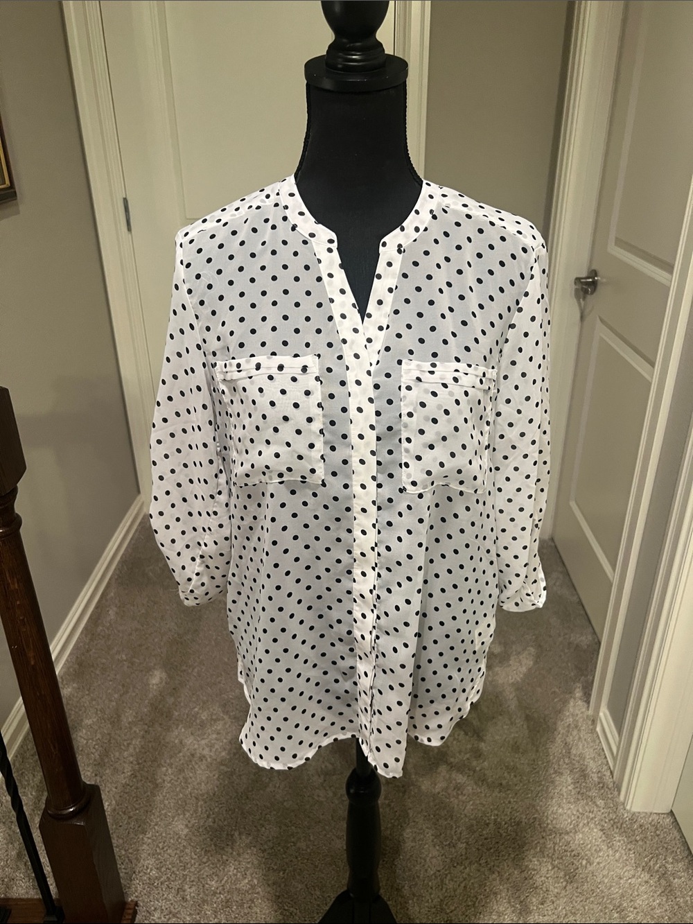 Covington White and Black Polka Dot Blouse Sheer Size Small